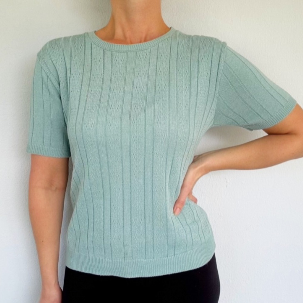 Vintage Alfred Dunner Petite light blue knit short sleeve sweater top medium
